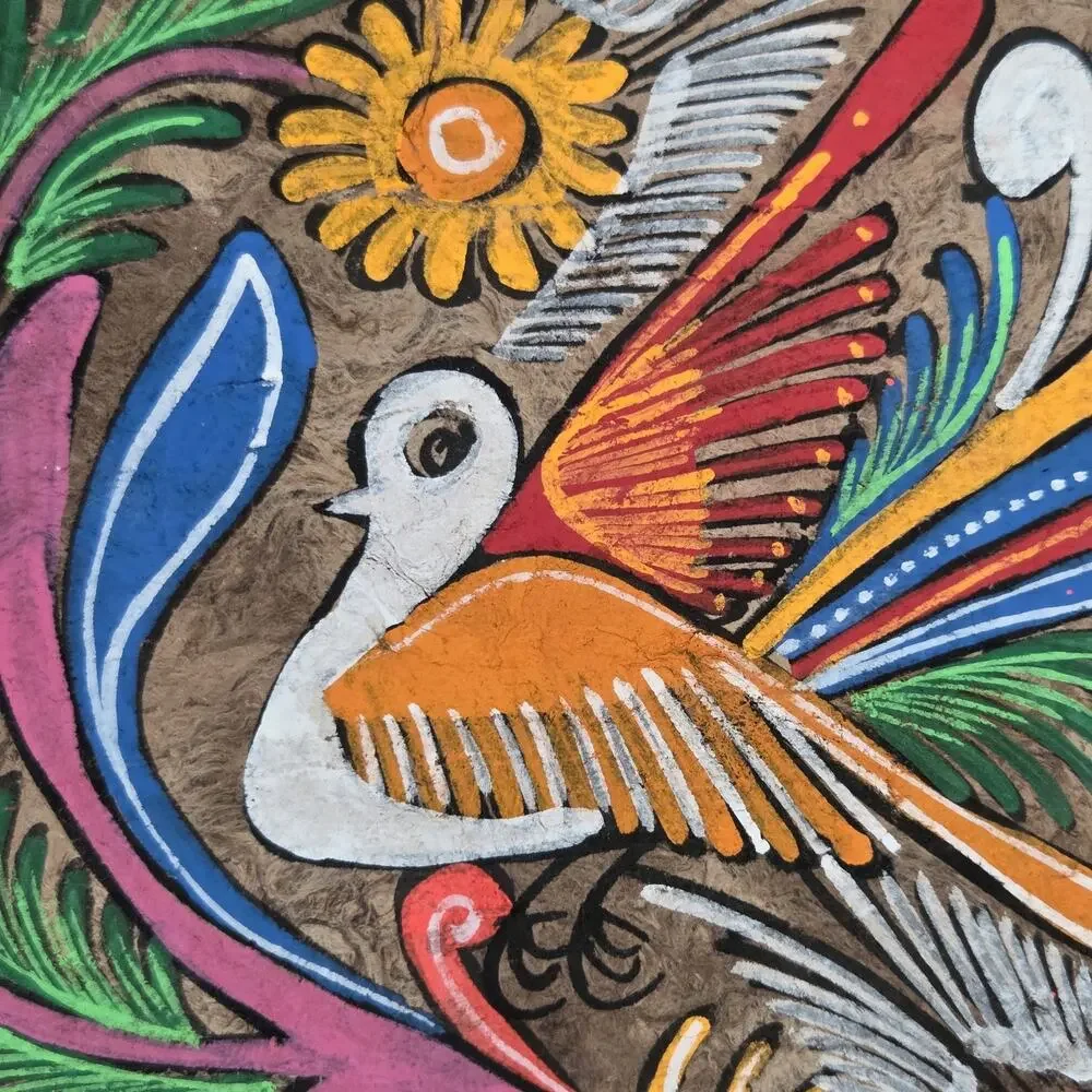 Mexican Hand Painted Folk Art Amate Bark Painting Colorful Birds Flowers Quetzal